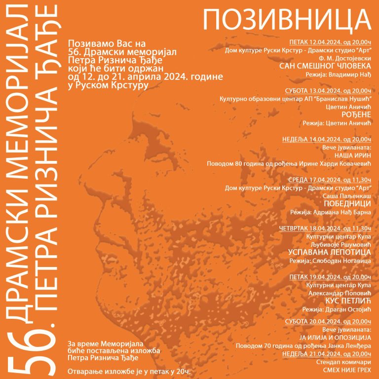 Od 12. do 21. aprila 56. Dramski memorijal „Petra Rizniča Đađe“ u Ruskom Krsturu